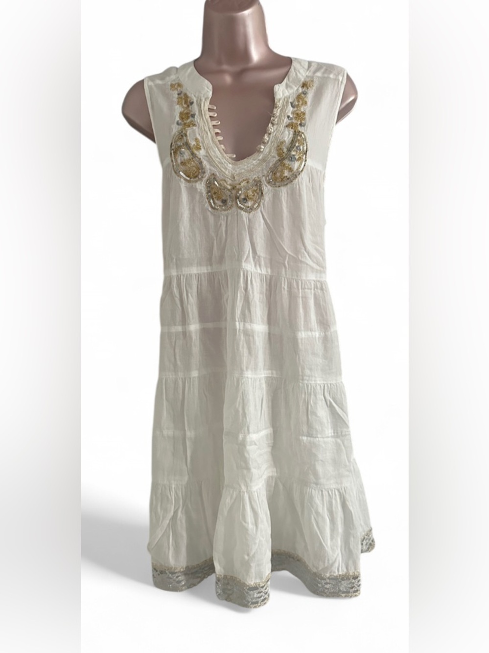 Free People Ivory Embroidered Sleeveless Tiered Dress